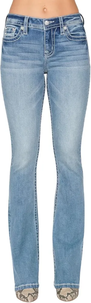 Miss Me Women's Mid-Rise Bootcut Jeans, Metallic Silver and Blue Dreamcatcher, Stretch Denim