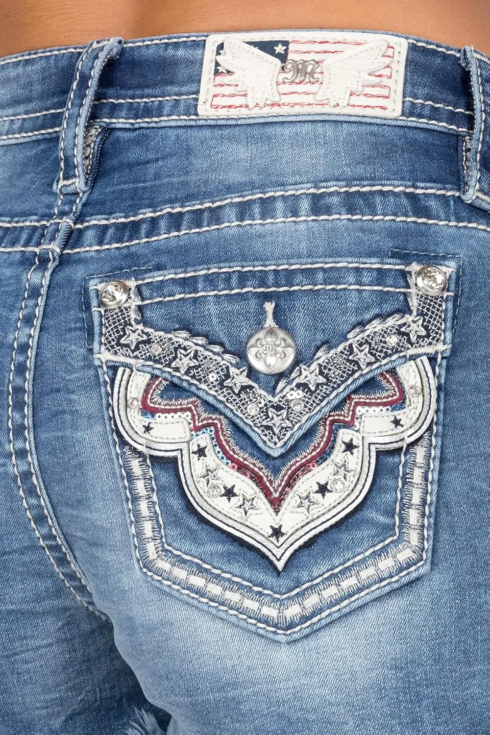 Miss Me Women's Mid-Rise Frayed Jean Shorts with Faux Flap Pockets, Wings, Red & Silver Embellishment