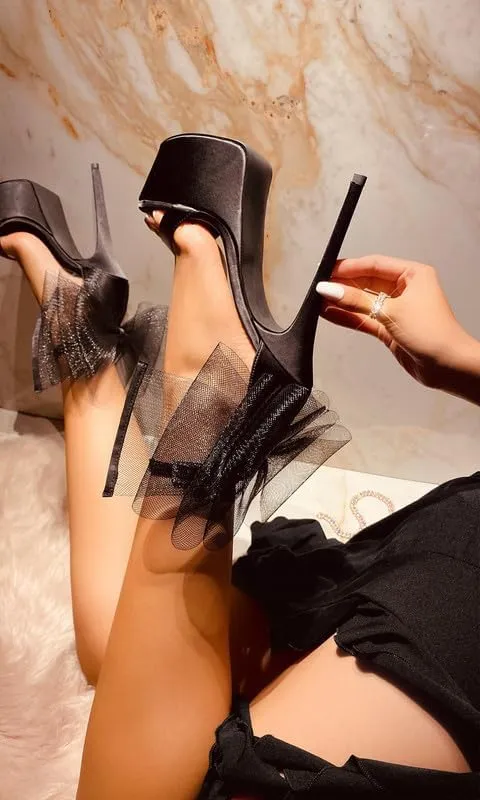 MissHeel Mesh Bow Platform Stiletto High Heel with Ankle Strap