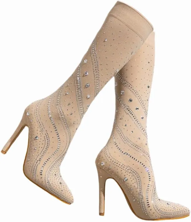MissHeel Sparkly Rhinestone Stocking Boots Mid Calf Stiletto Heel Stretch Boots