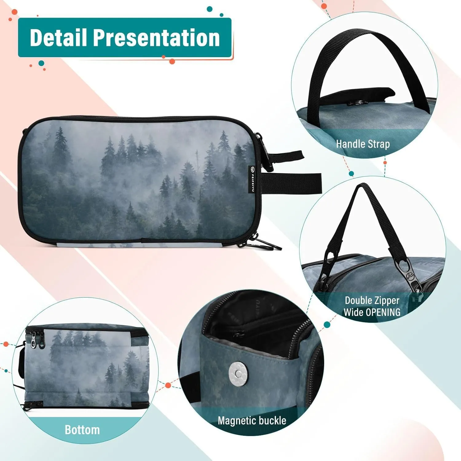 Misty Foggy Mountain Landscape Forest Trees Dark Blue Pattern Women's Portable Makeup Bag with Handle, Cosmetic Bag, Travel Cosmetic Bag Durable Toiletry Storage Organizer 11 x 7 x 5.7 inch