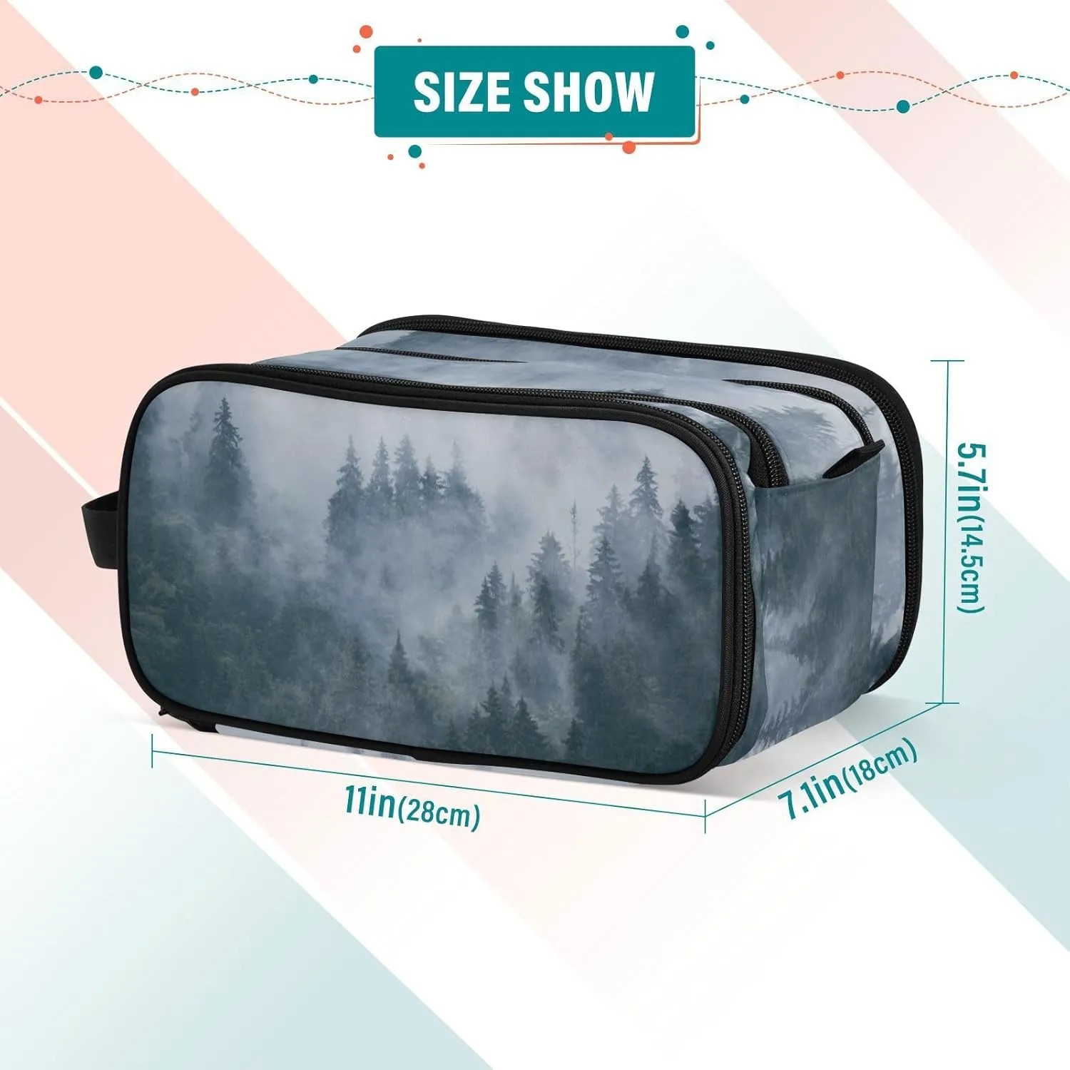 Misty Foggy Mountain Landscape Forest Trees Dark Blue Pattern Women's Portable Makeup Bag with Handle, Cosmetic Bag, Travel Cosmetic Bag Durable Toiletry Storage Organizer 11 x 7 x 5.7 inch