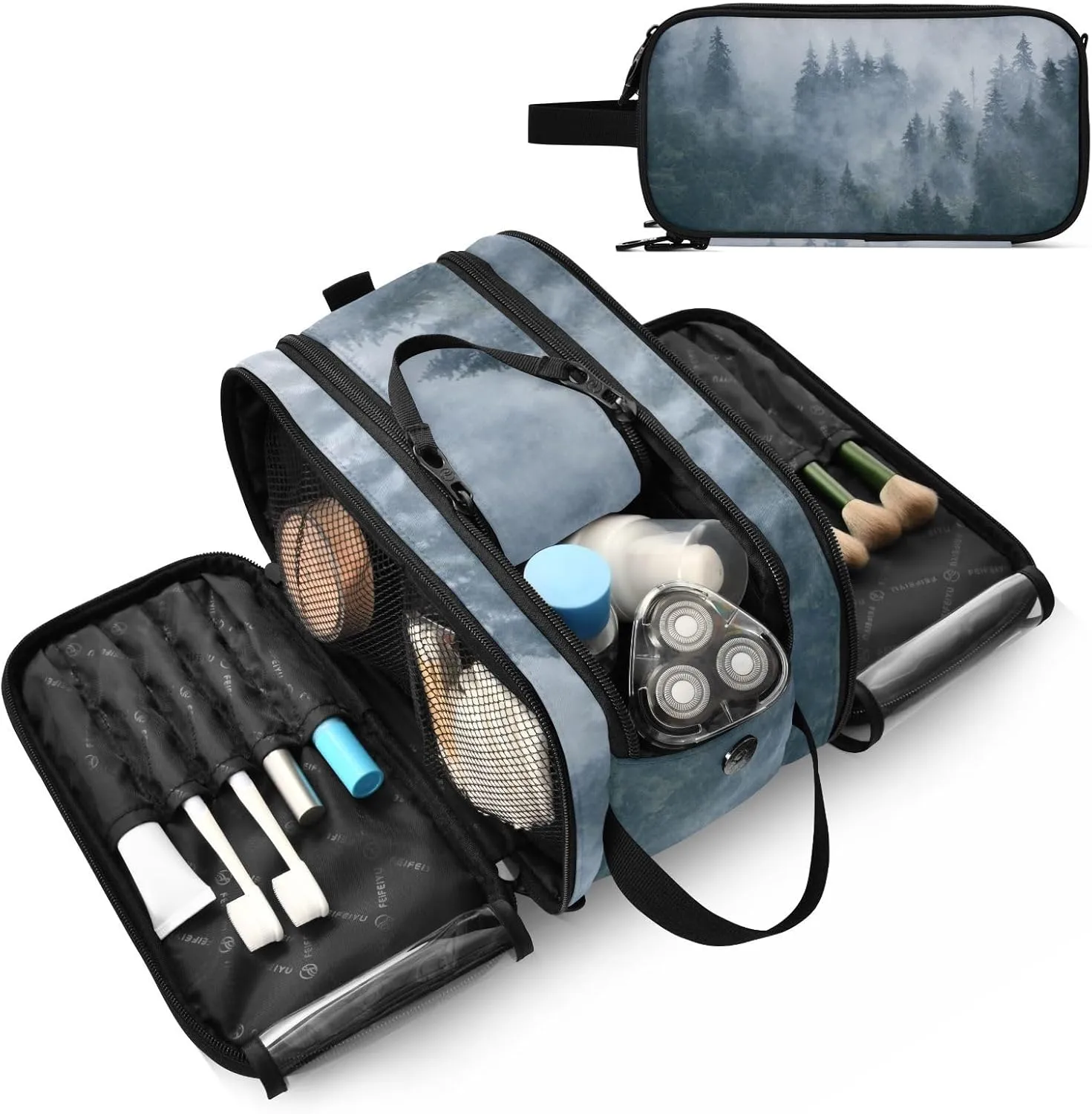 Misty Foggy Mountain Landscape Forest Trees Dark Blue Pattern Women's Portable Makeup Bag with Handle, Cosmetic Bag, Travel Cosmetic Bag Durable Toiletry Storage Organizer 11 x 7 x 5.7 inch