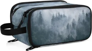 Misty Foggy Mountain Landscape Forest Trees Dark Blue Pattern Women's Portable Makeup Bag with Handle, Cosmetic Bag, Travel Cosmetic Bag Durable Toiletry Storage Organizer 11 x 7 x 5.7 inch