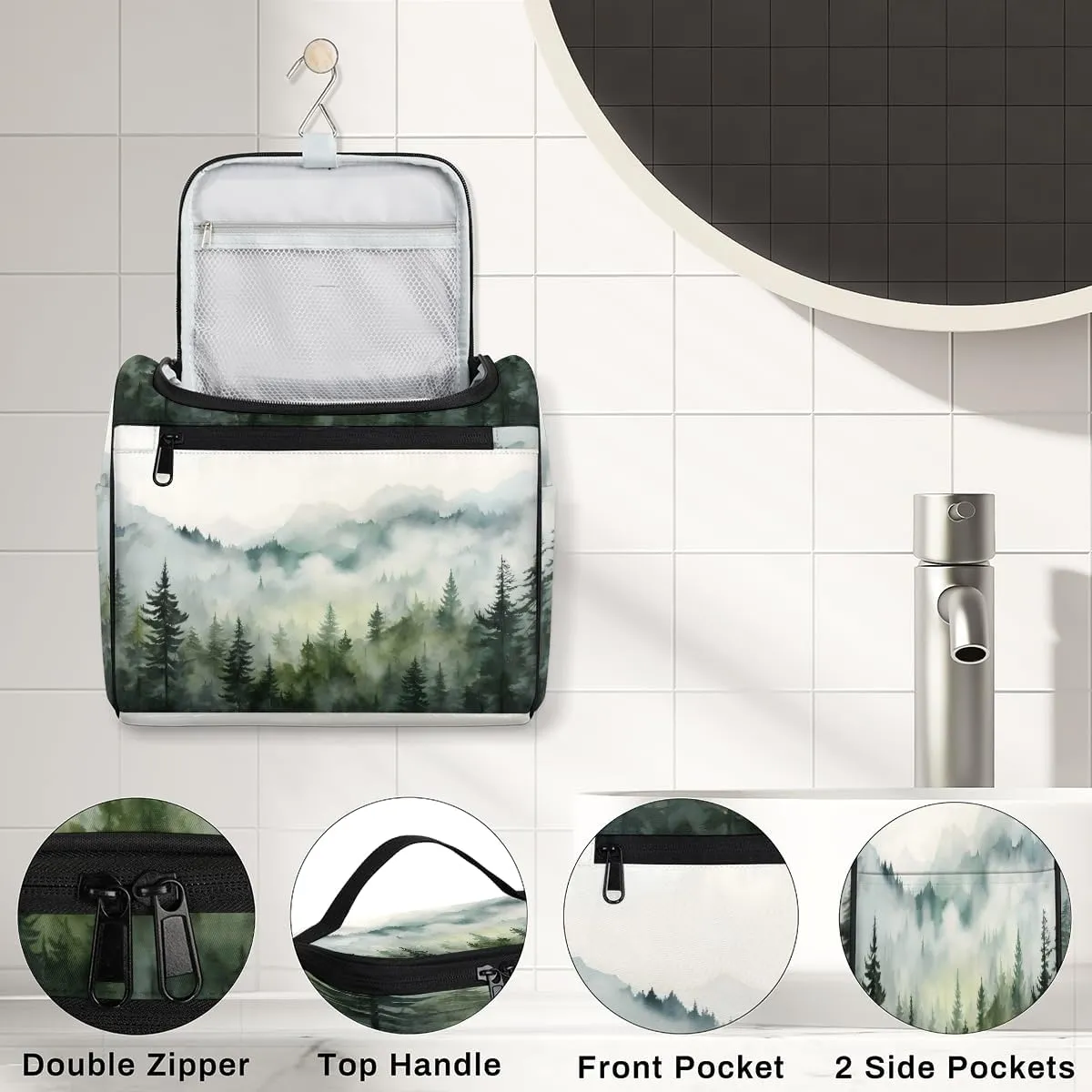 Misty Forest Pine Tree Travel Toiletry Bag for Men and Women, Large Hanging Makeup Bag Organizer Toiletries Bag for Travel, Cosmetic Bag with Handle