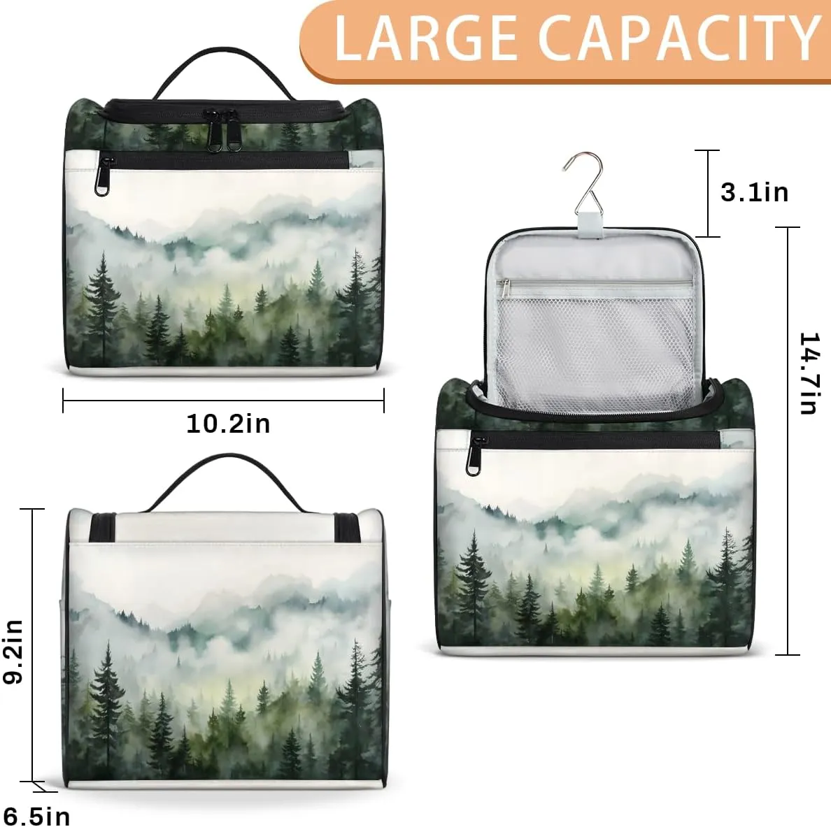 Misty Forest Pine Tree Travel Toiletry Bag for Men and Women, Large Hanging Makeup Bag Organizer Toiletries Bag for Travel, Cosmetic Bag with Handle