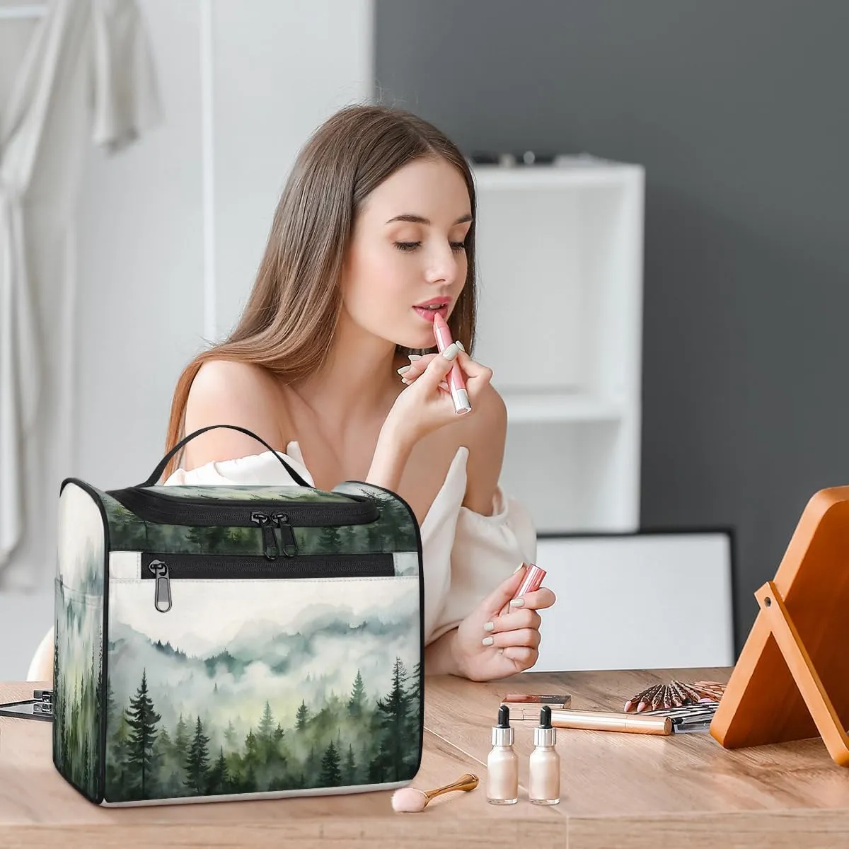 Misty Forest Pine Tree Travel Toiletry Bag for Men and Women, Large Hanging Makeup Bag Organizer Toiletries Bag for Travel, Cosmetic Bag with Handle