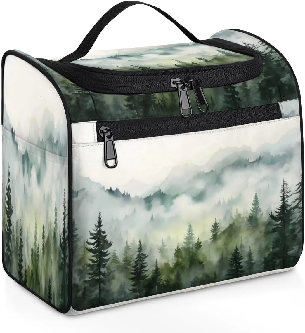 Misty Forest Pine Tree Travel Toiletry Bag for Men and Women, Large Hanging Makeup Bag Organizer Toiletries Bag for Travel, Cosmetic Bag with Handle