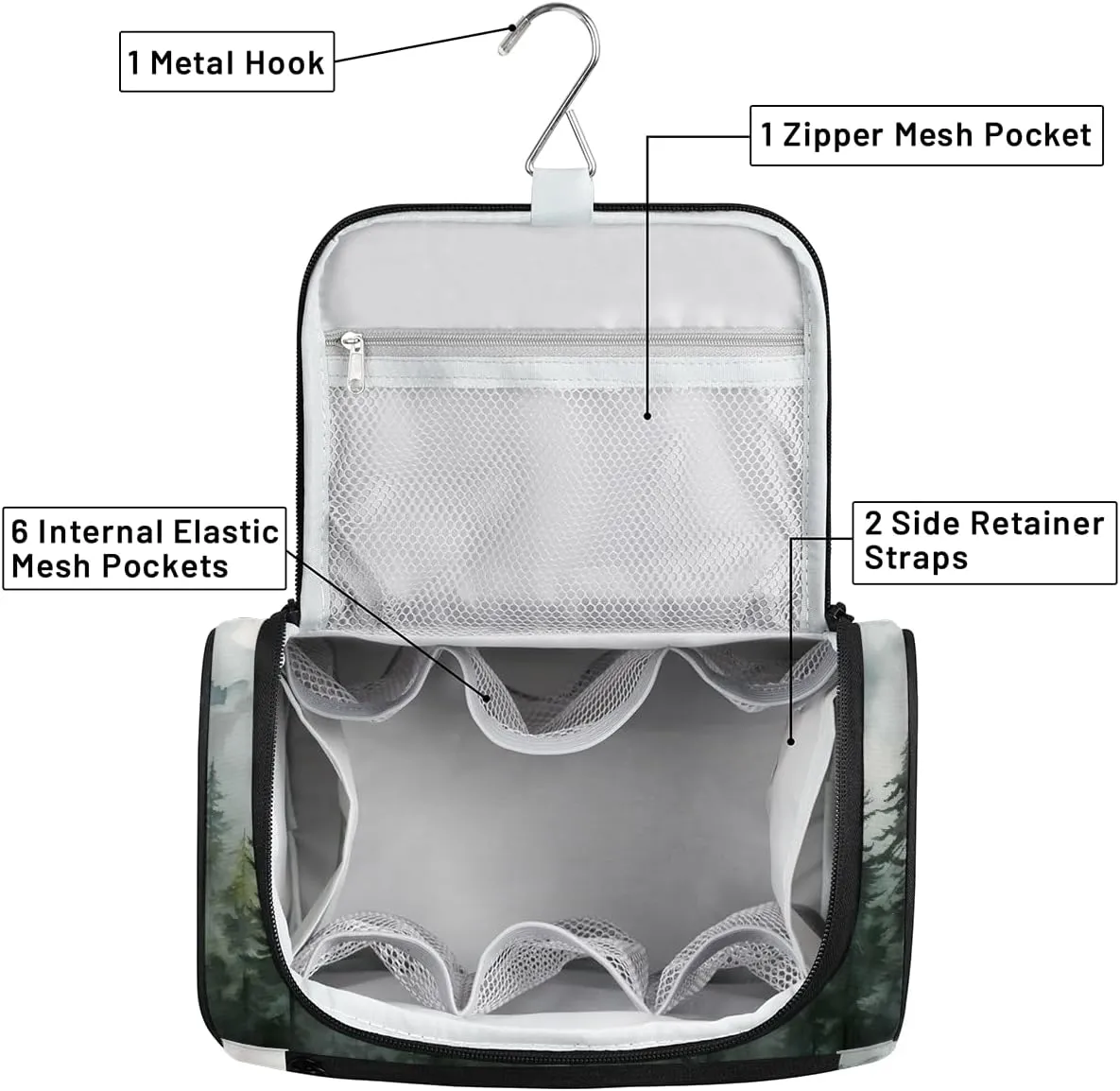 Misty Forest Pine Tree Travel Toiletry Bag for Men and Women, Large Hanging Makeup Bag Organizer Toiletries Bag for Travel, Cosmetic Bag with Handle