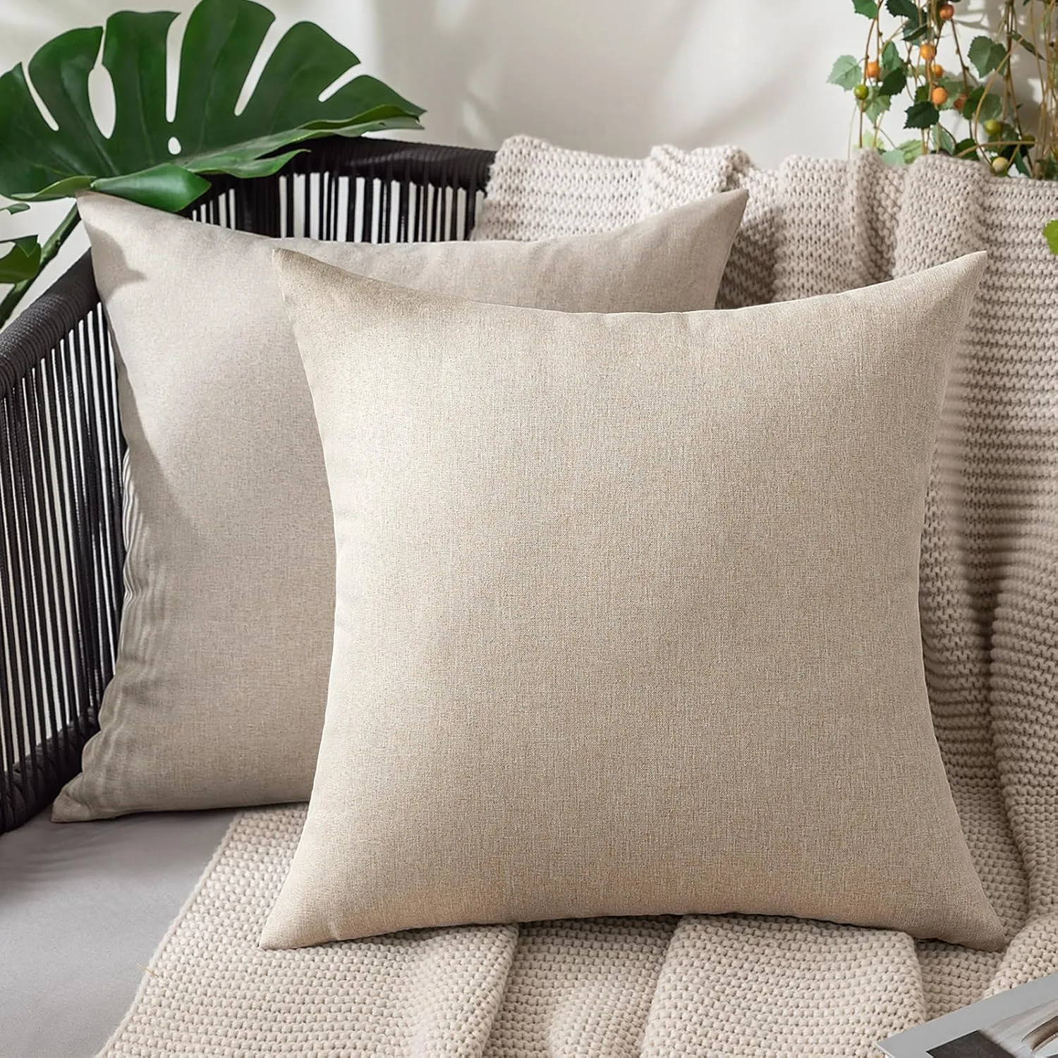 MIULEE Pack of 2 Decorative Outdoor Solid Waterproof Throw Pillow Covers Faux Linen Garden Farmhouse Cushion Cases for Patio Tent Balcony Couch Sofa 18x18 inch Beige