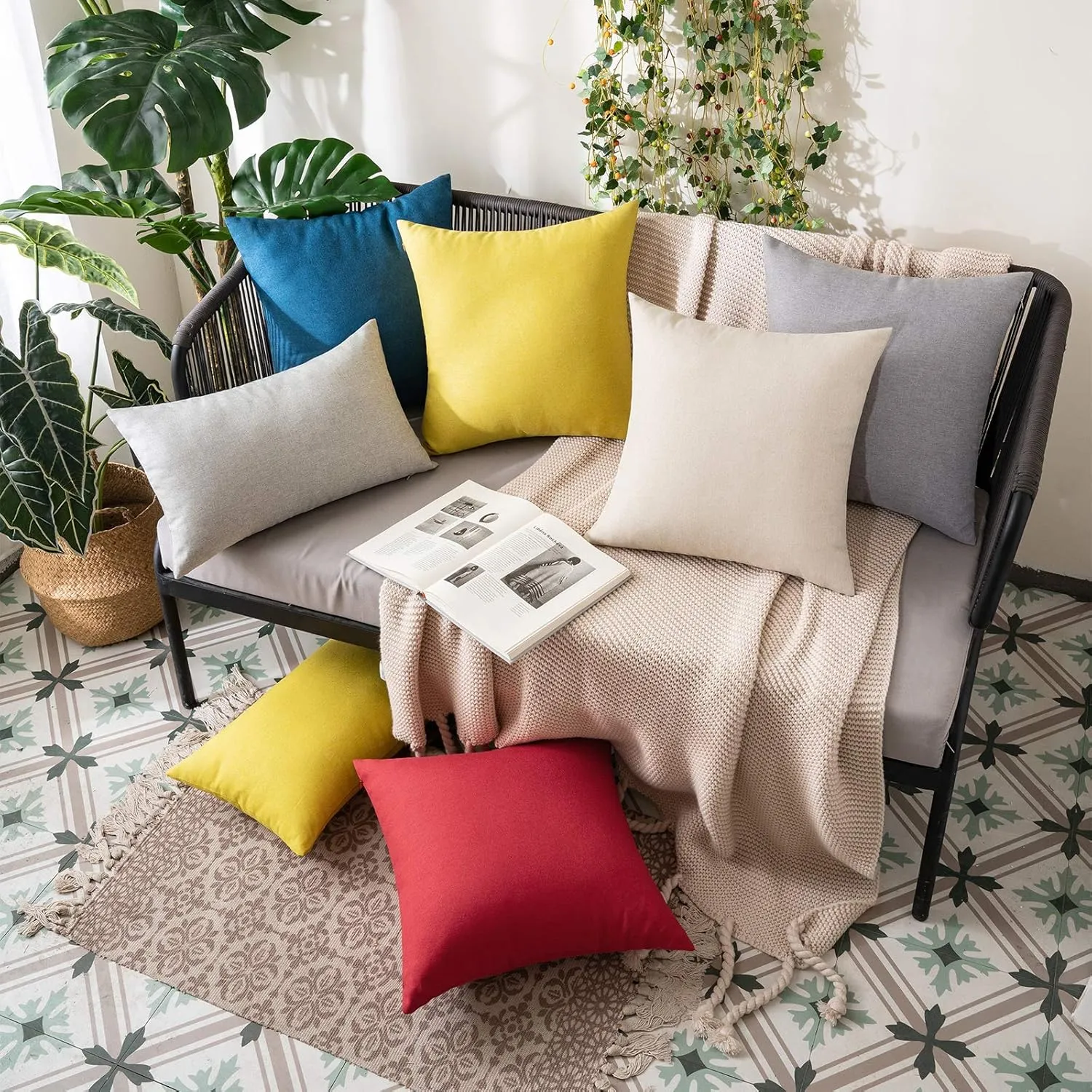 MIULEE Pack of 2 Decorative Outdoor Solid Waterproof Throw Pillow Covers Faux Linen Garden Farmhouse Cushion Cases for Patio Tent Balcony Couch Sofa 18x18 inch Beige