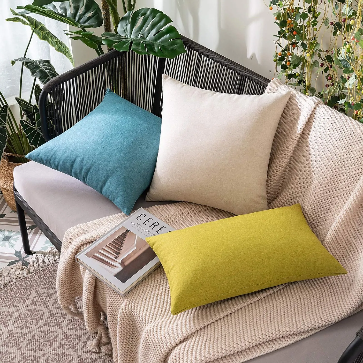 MIULEE Pack of 2 Decorative Outdoor Solid Waterproof Throw Pillow Covers Faux Linen Garden Farmhouse Cushion Cases for Patio Tent Balcony Couch Sofa 18x18 inch Beige