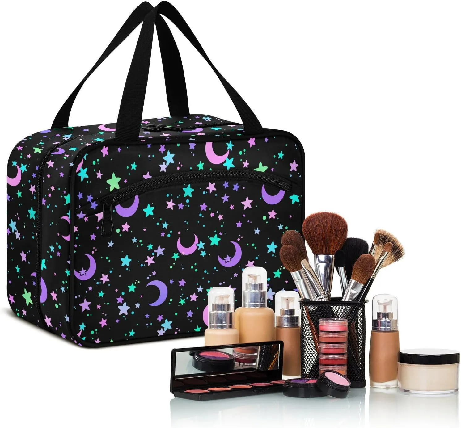 MNSRUU Hanging Toiletry Bags for Women Travel, Crescents and Stars Toiletry Organizer Portable Travel Toiletry Bags Clear Wash Bags Makeup Bag Cosmetic Bag
