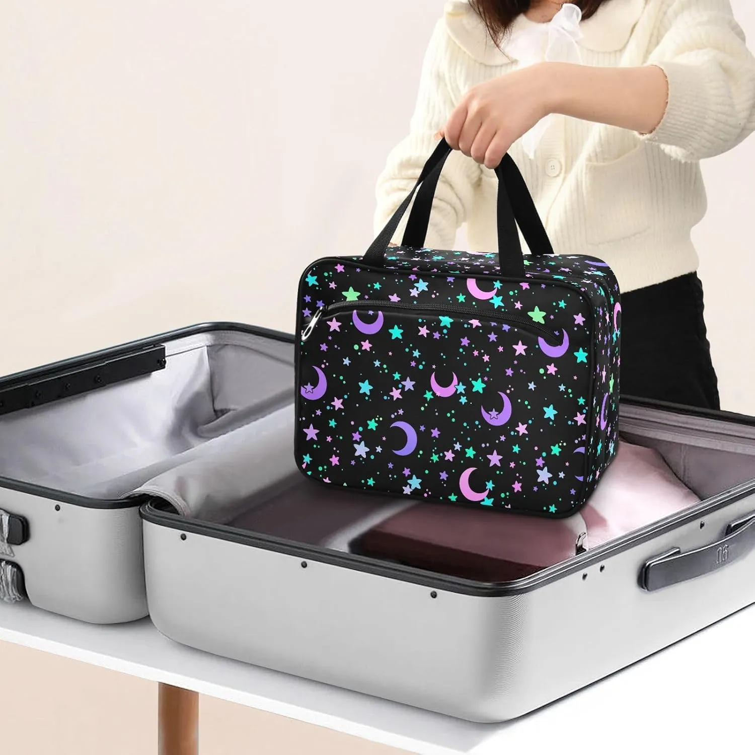 MNSRUU Hanging Toiletry Bags for Women Travel, Crescents and Stars Toiletry Organizer Portable Travel Toiletry Bags Clear Wash Bags Makeup Bag Cosmetic Bag