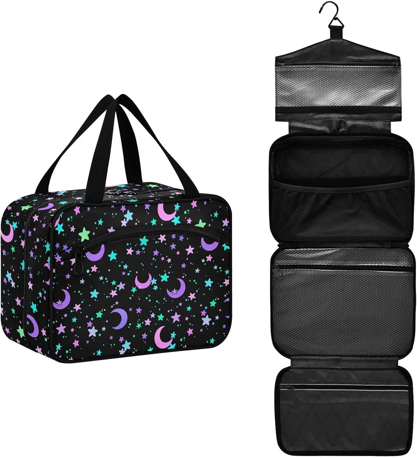 MNSRUU Hanging Toiletry Bags for Women Travel, Crescents and Stars Toiletry Organizer Portable Travel Toiletry Bags Clear Wash Bags Makeup Bag Cosmetic Bag