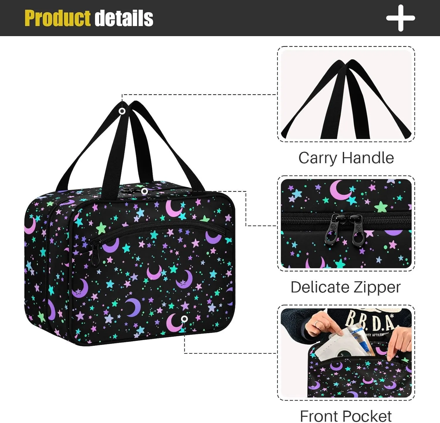 MNSRUU Hanging Toiletry Bags for Women Travel, Crescents and Stars Toiletry Organizer Portable Travel Toiletry Bags Clear Wash Bags Makeup Bag Cosmetic Bag