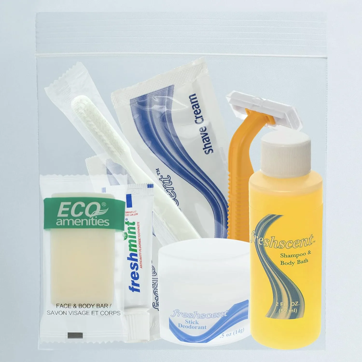 Moda West 24 Kits - Bulk Case of Wholesale Adult Basic Toiletries for Men, Women, Travel, Charity, Homeless Shelters, Cotton/Polyester Blend, Shampoo, Deodorant, Toothpaste, 24 Pre-Packaged Kits