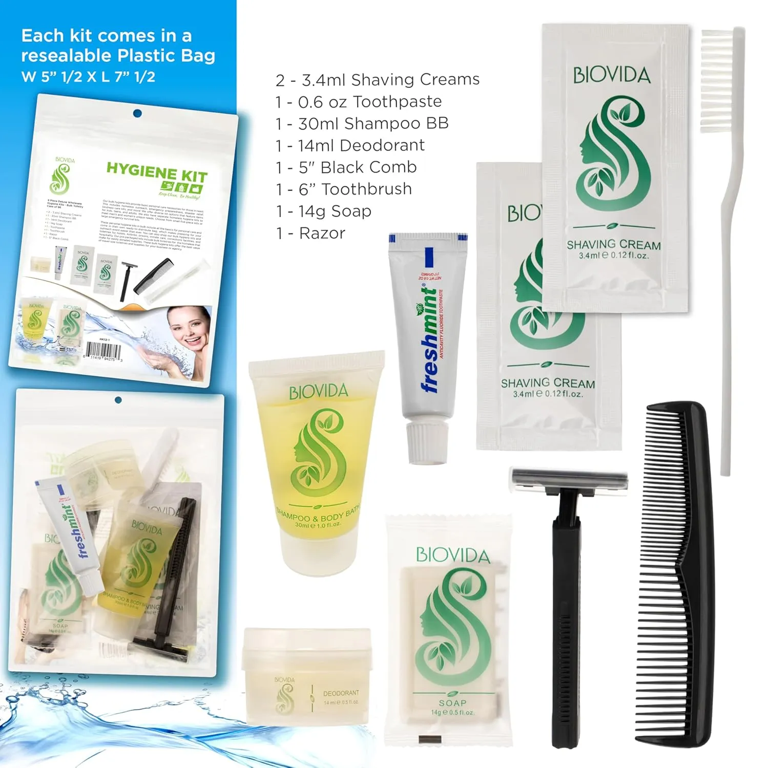 Moda West 96 Hygiene Kits - Bulk Case of Wholesale Basic Toiletry Kits for Men, Women, Travel, Charity 9 Pc Kit