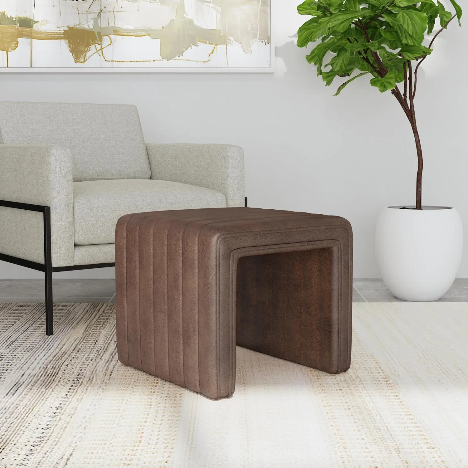 Modern Channel Tufted Faux Leather Ottoman Home Décor|Ottoman for Living Room & Bedroom - Brown Faux Leather