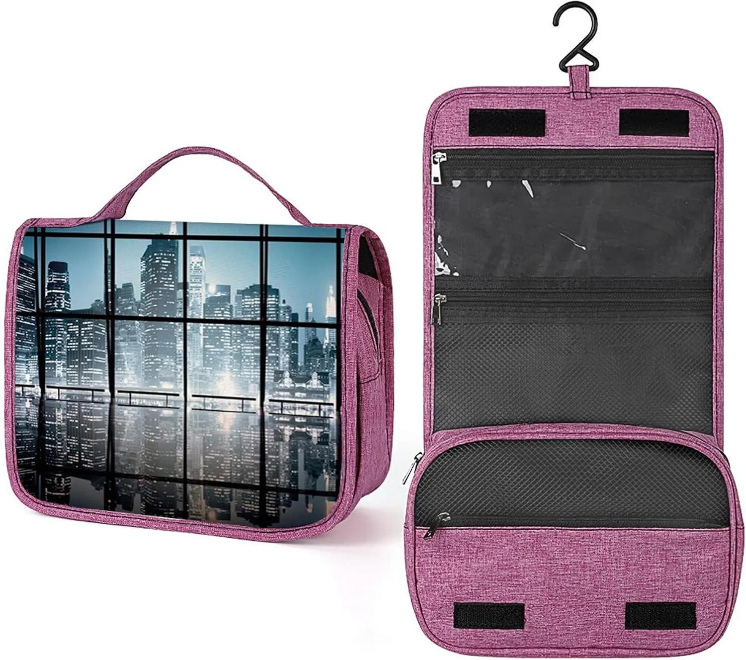 Modern Theme,Toiletry Bag Travel Bag with Hanging Hook,Modern New York City Scenery,Water-resistant Makeup Cosmetic Bag Travel Organizer for Accessories,Full-size Container,Black Blue