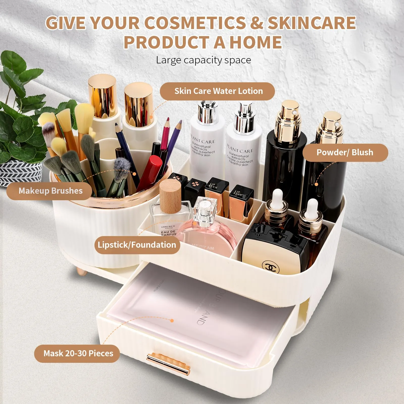 Molutsody Makeup Organizer for Vanity, Cosmetic Display Case with Drawers, Fits Makeup, Skincare Products, Brushes, Lipsticks, and Other Accessories, Versatile Storage Solution (White)