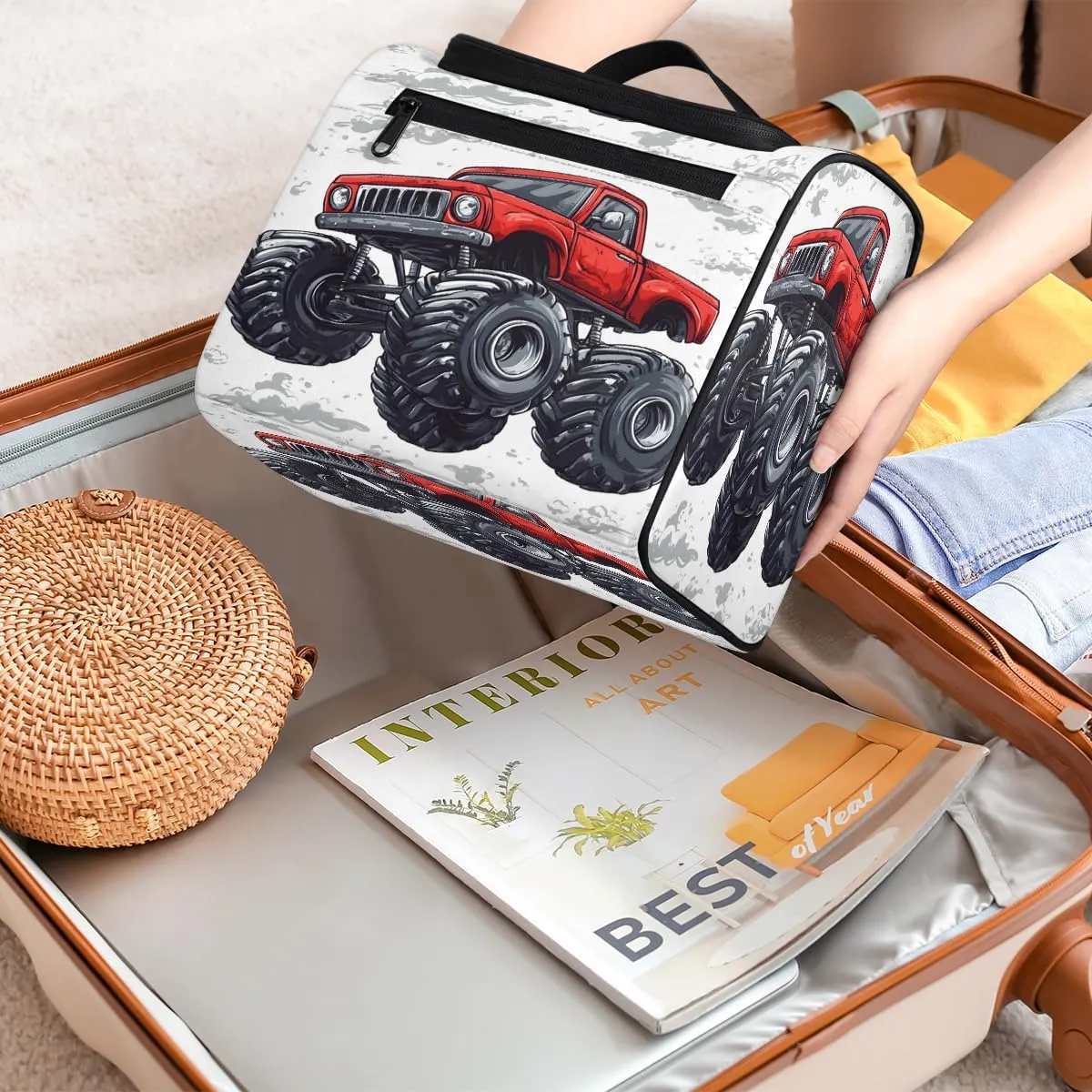 Monster Truck Travel Toiletry Bag for Women Large Capacity Wide-open Makeup Organizer Cosmetic Travel Bags for Toiletries, Cartoon Car