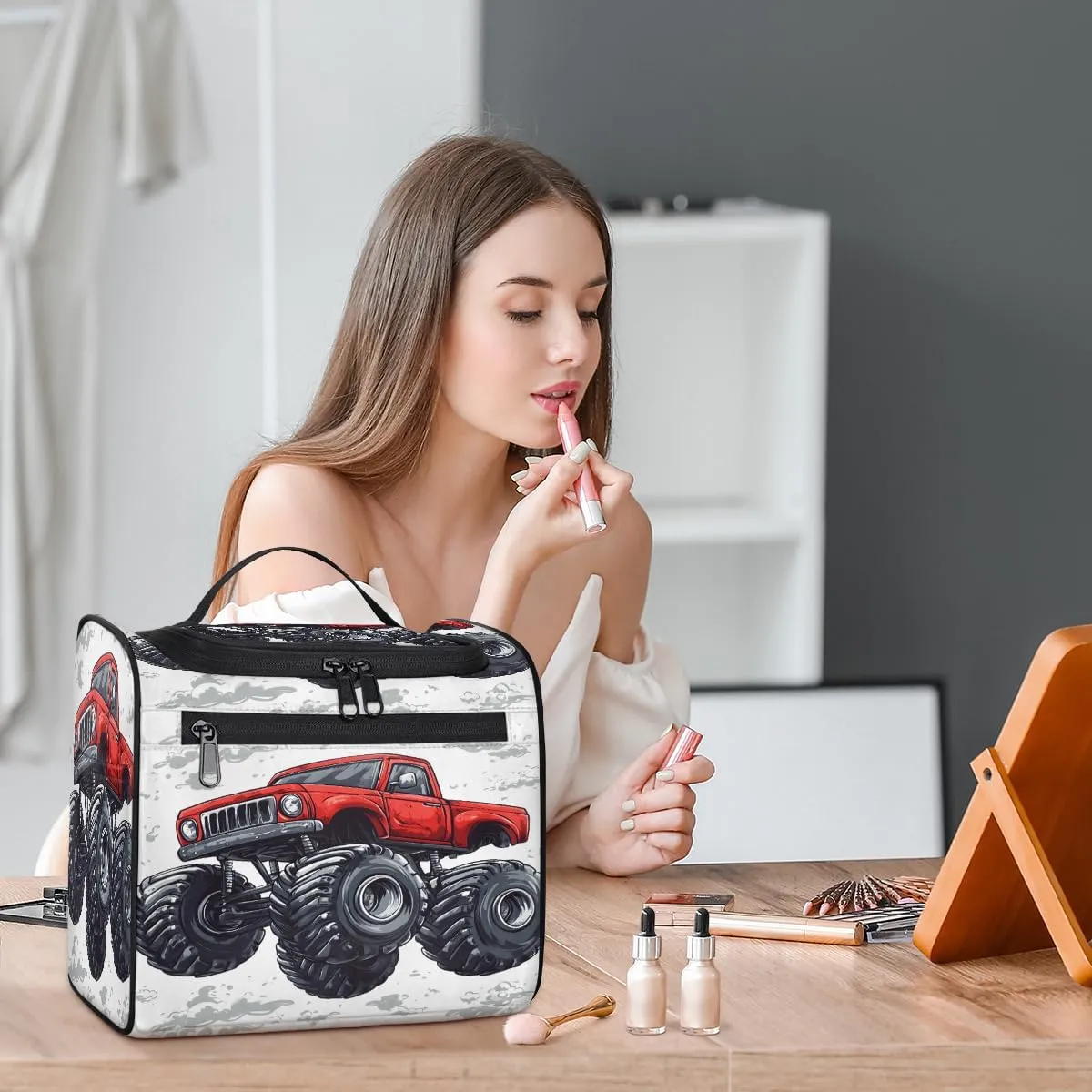 Monster Truck Travel Toiletry Bag for Women Large Capacity Wide-open Makeup Organizer Cosmetic Travel Bags for Toiletries, Cartoon Car