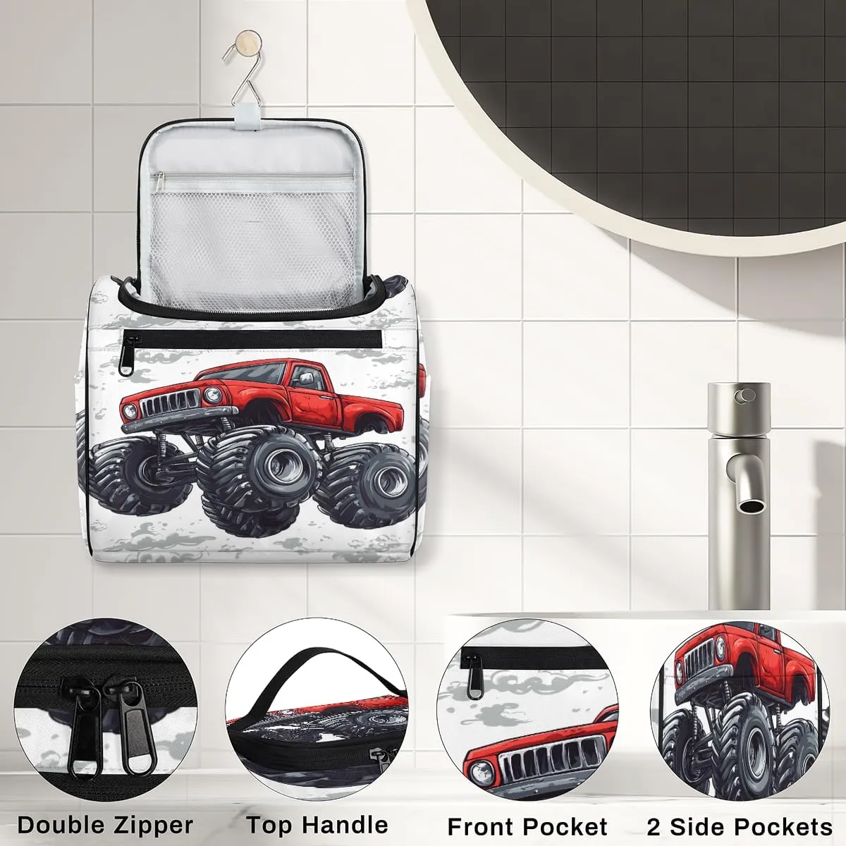 Monster Truck Travel Toiletry Bag for Women Large Capacity Wide-open Makeup Organizer Cosmetic Travel Bags for Toiletries, Cartoon Car