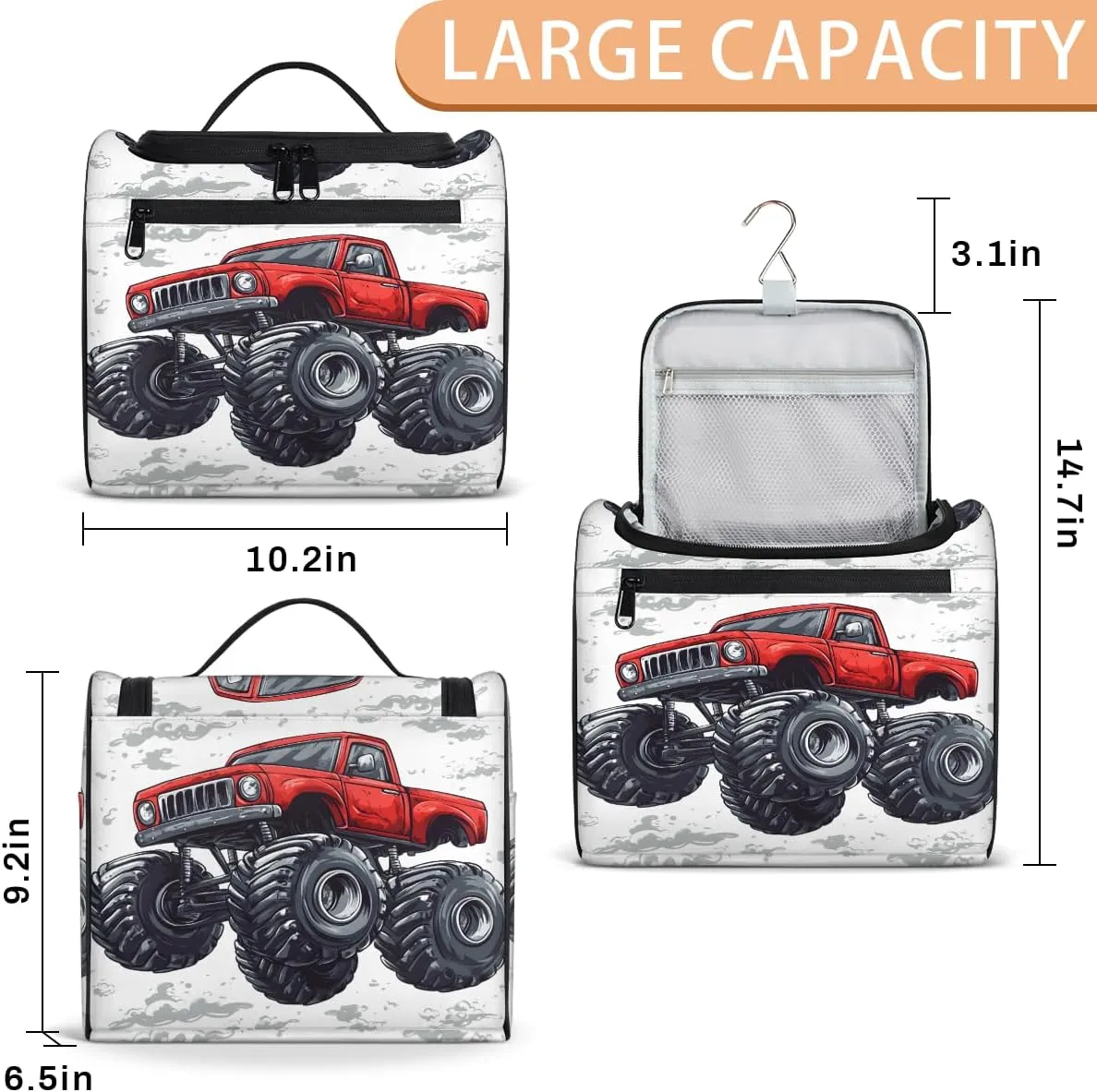 Monster Truck Travel Toiletry Bag for Women Large Capacity Wide-open Makeup Organizer Cosmetic Travel Bags for Toiletries, Cartoon Car