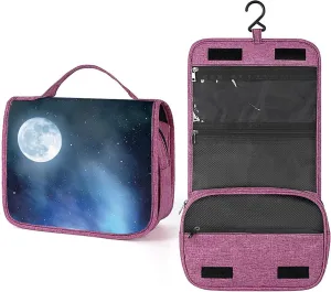 Moon Print,Waterproof Travel Toiletry Hanging Bag,Night Sky with Stars Full Moon,Makeup bag,Travel Organizers,Cosmetic Travel-Sized Container,Large Capacity for Women,Black Blue White