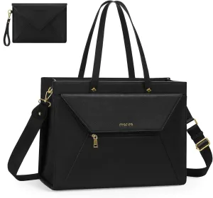 MOSISO Laptop Bag for Women, 15.6 inch PU Leather Laptop Tote Bag Compatible with MacBook, HP, Dell, Asus Notebook, 16 inch Work Handbag with Envelope Clutch Purse Office Casual, Black