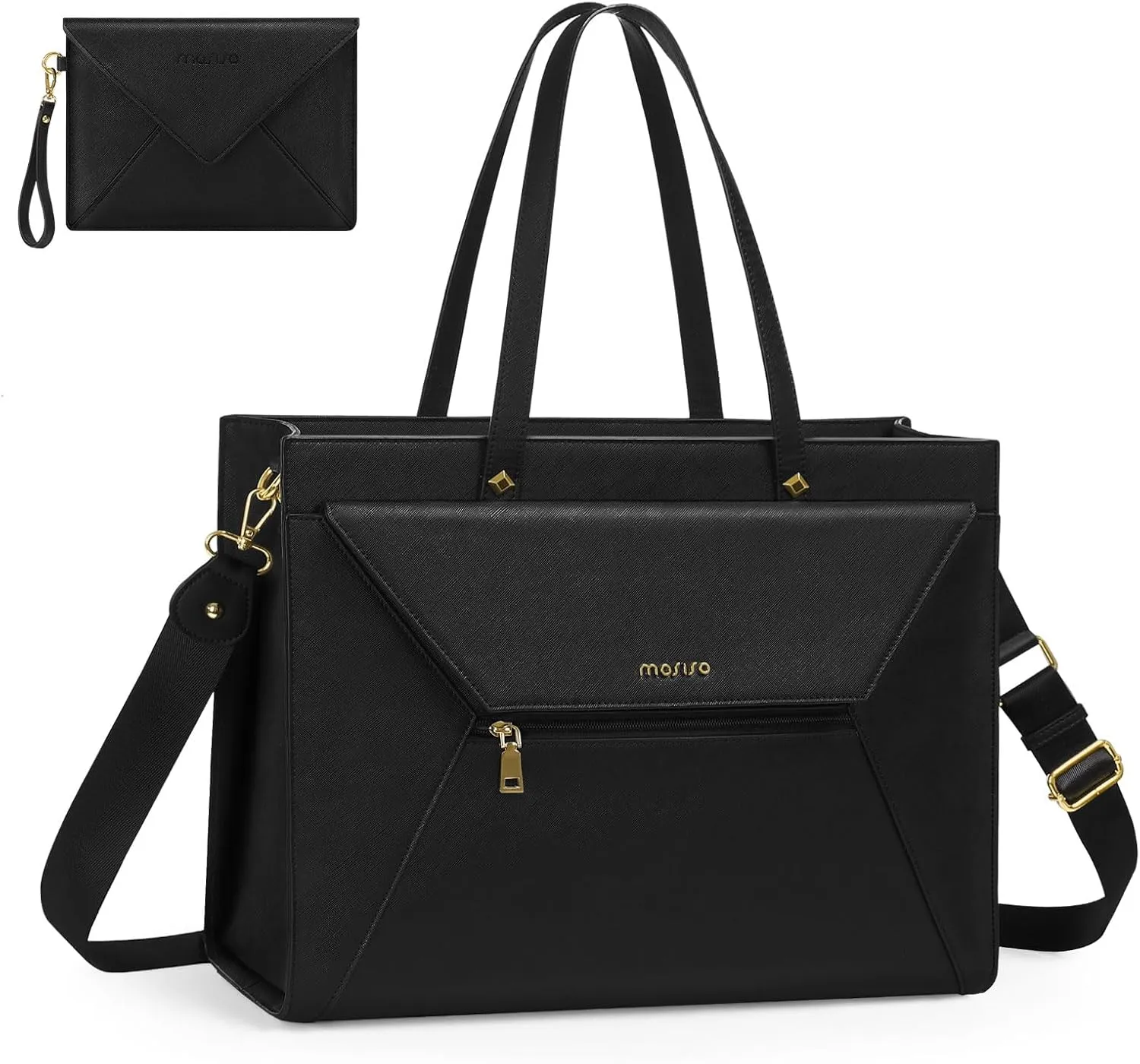 MOSISO Laptop Bag for Women, 15.6 inch PU Leather Laptop Tote Bag Compatible with MacBook, HP, Dell, Asus Notebook, 16 inch Work Handbag with Envelope Clutch Purse Office Casual, Black