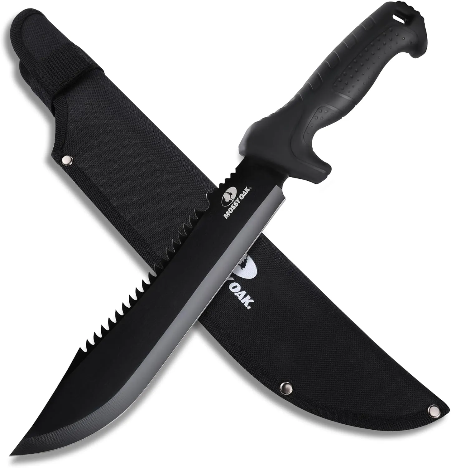 Mossy Oak Machete with Saw, 16" Sharp Machete with Sheath, Ergonomic No-Slip Handle, Machete for Bushcraft, Outdoor Hunting, Garden Cutting Small Trees and Yard Work