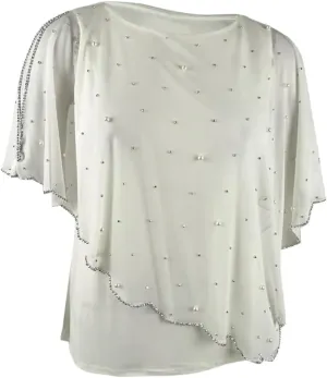 MSK Women's Embellished Asymmetrical Overlay Top (L, Ivory)