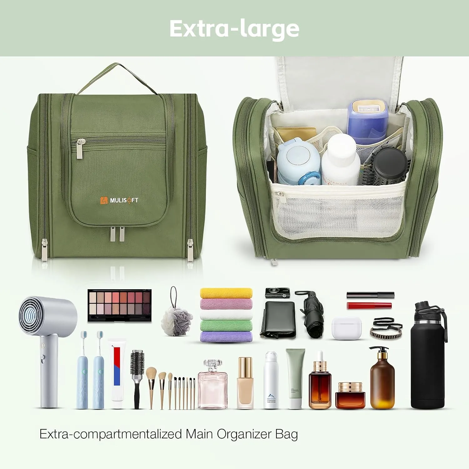 MULISOFT Travel Toiletry Bag for Women & Man, Extra Large Toiletry Bag, Portable Hanging Toiletries Bag, Water Resistant Dopp Kit for Toiletries, Cosmetics, Big Comparment Travel Makeup Bag, Black