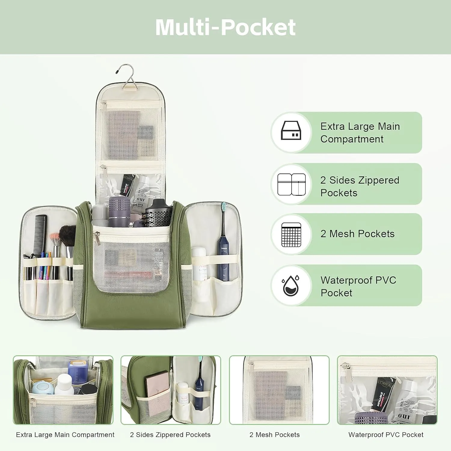 MULISOFT Travel Toiletry Bag for Women & Man, Extra Large Toiletry Bag, Portable Hanging Toiletries Bag, Water Resistant Dopp Kit for Toiletries, Cosmetics, Big Comparment Travel Makeup Bag, Green