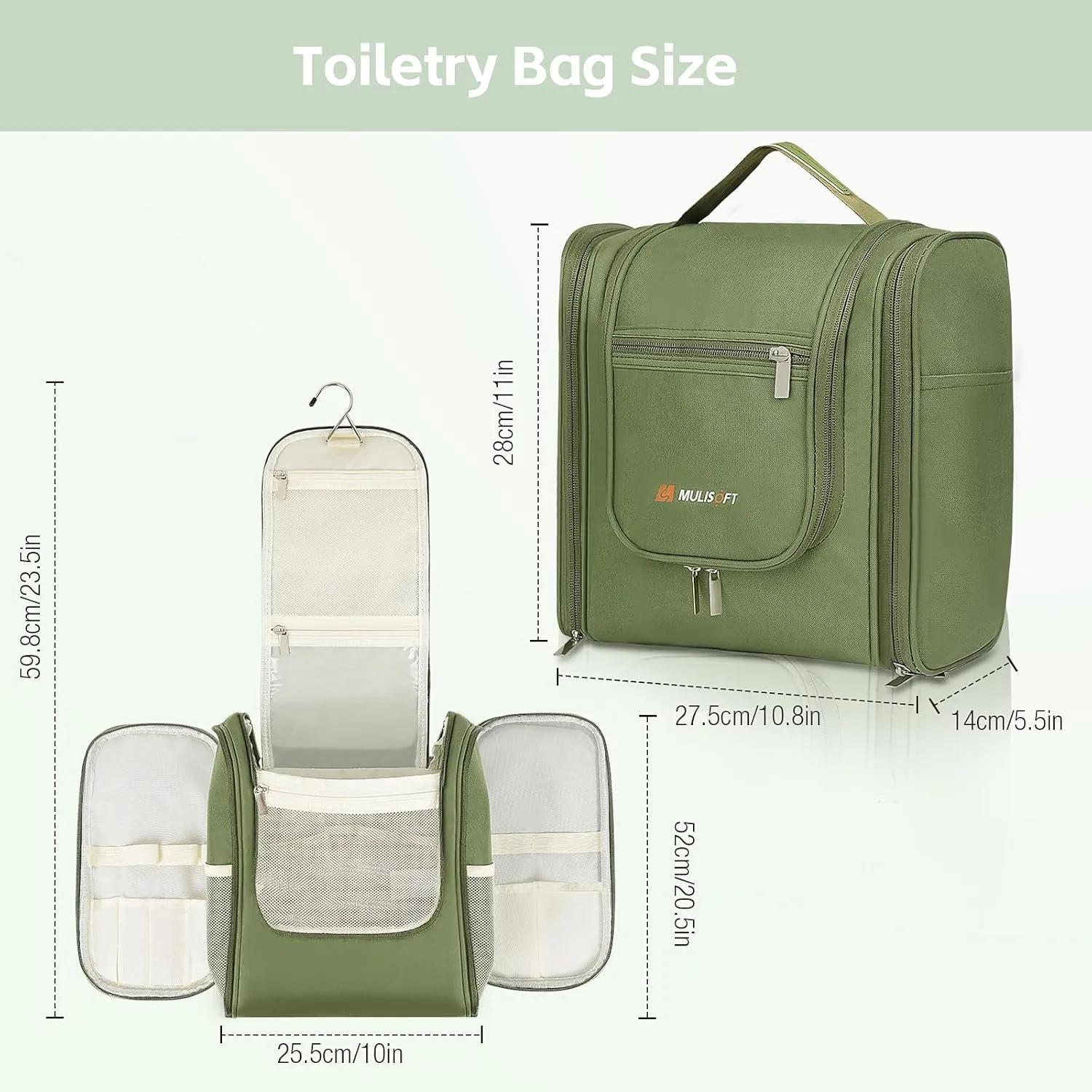 MULISOFT Travel Toiletry Bag for Women & Man, Extra Large Toiletry Bag, Portable Hanging Toiletries Bag, Water Resistant Dopp Kit for Toiletries, Cosmetics, Big Comparment Travel Makeup Bag, Green