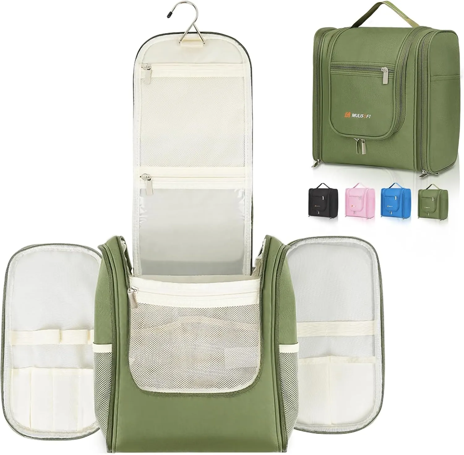 MULISOFT Travel Toiletry Bag for Women & Man, Extra Large Toiletry Bag, Portable Hanging Toiletries Bag, Water Resistant Dopp Kit for Toiletries, Cosmetics, Big Comparment Travel Makeup Bag, Green