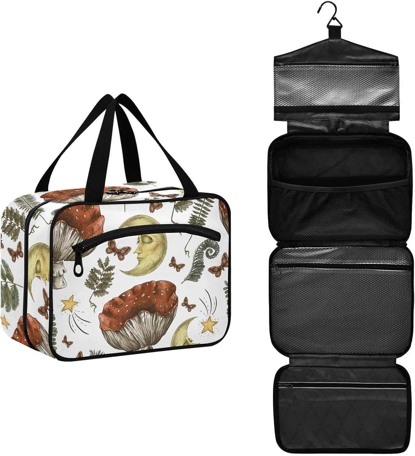 Mushroom Moon Twigs Travel Toiletry Bag for Women Men, Hanging Organizer Makeup Bag, Roll up Waterproof Travel Essentials