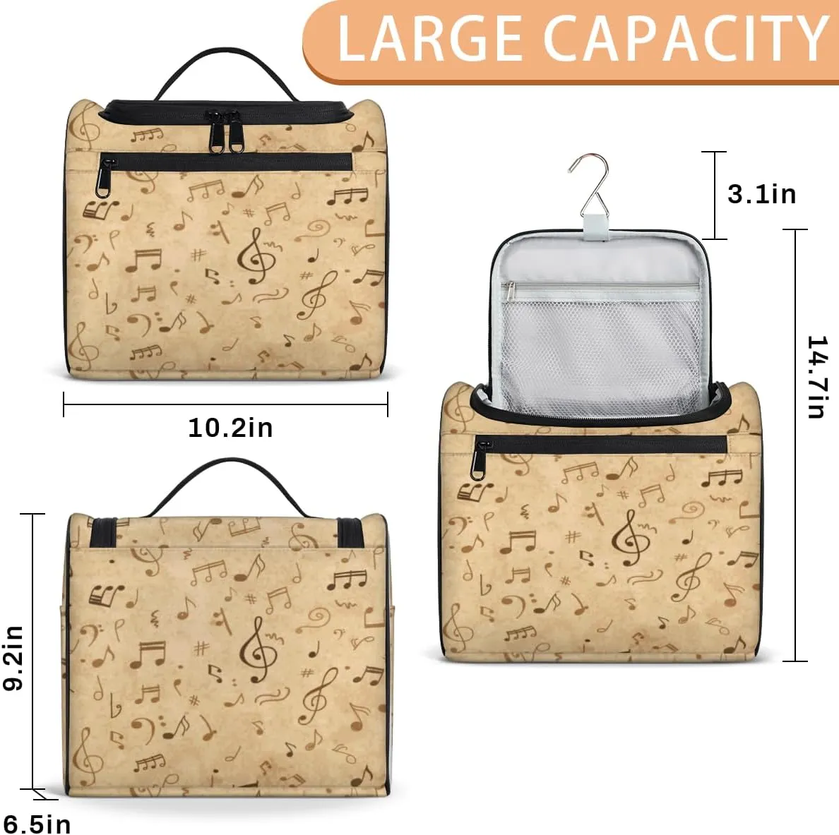 Music Notes Hanging Toiletry Bag for Men Women Travel Cosmetic Makeup Organizer Bag Water Resistant Large Portable Wash Case for Accessories, Toiletries, Cosmetics