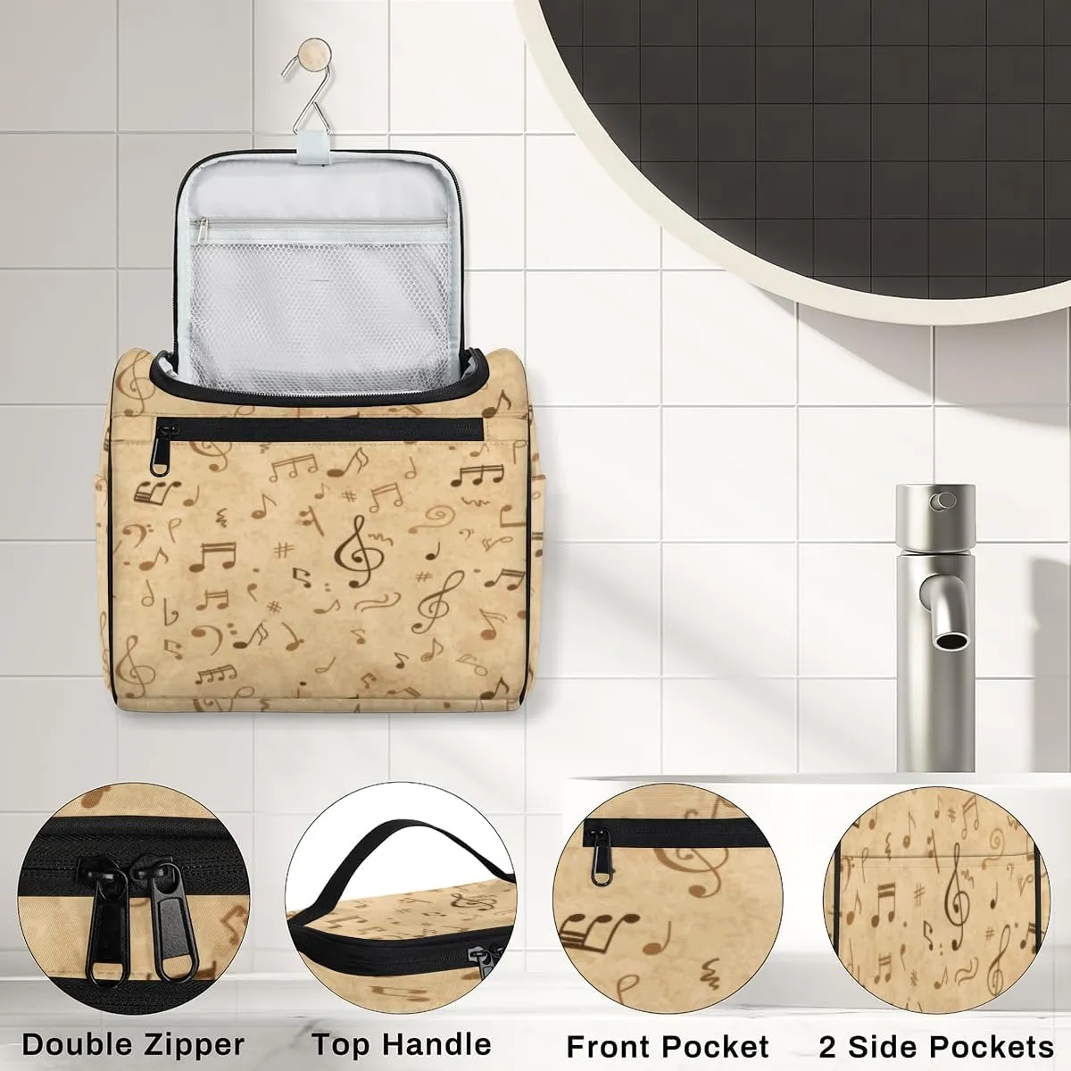 Music Notes Hanging Toiletry Bag for Men Women Travel Cosmetic Makeup Organizer Bag Water Resistant Large Portable Wash Case for Accessories, Toiletries, Cosmetics