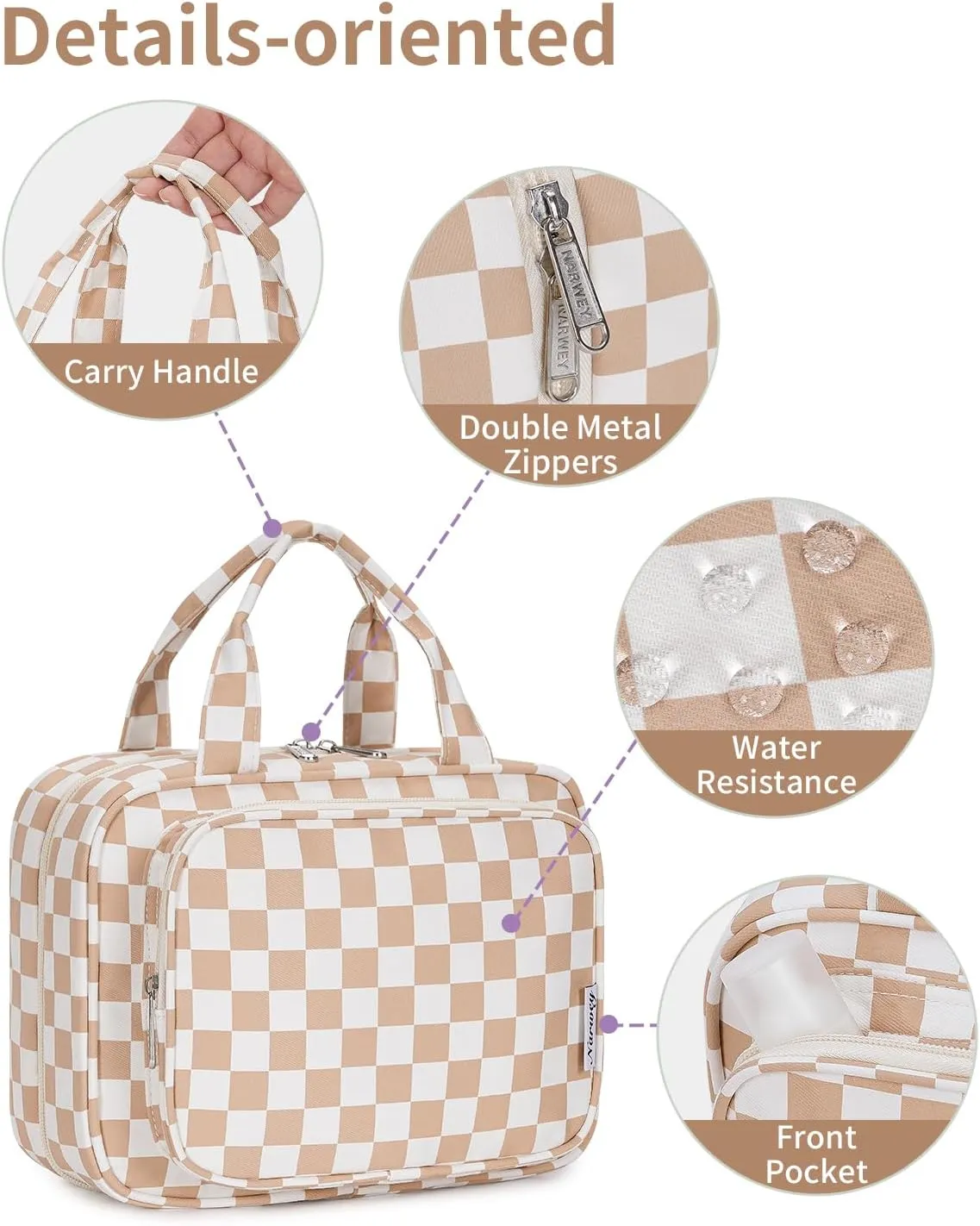 Narwey Hanging Toiletry Bag for Women Travel Makeup Bag Organizer Toiletries Bag for Travel Size Essentials Accessories Cosmetics (Light Checkerboard (Medium))