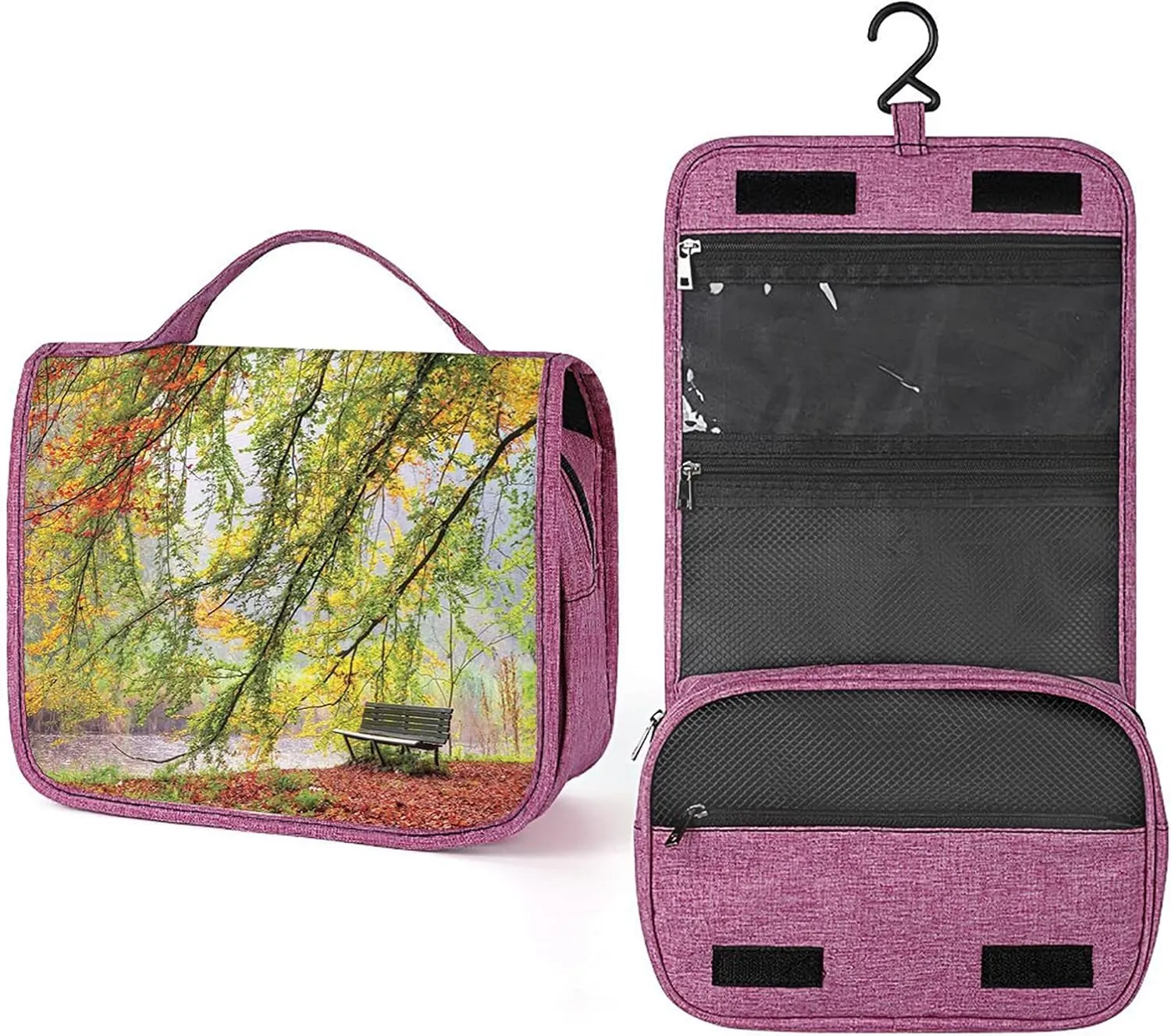 Nature Theme,Toiletry Bag Hanging Travel Makeup Organizer,Autumn View of A Bench Fall Leaves,Cosmetic Makeup Bag for Full Sized Toiletries,Green Orange