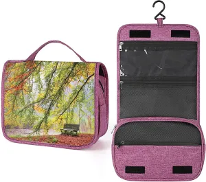 Nature Theme,Toiletry Bag Hanging Travel Makeup Organizer,Autumn View of A Bench Fall Leaves,Cosmetic Makeup Bag for Full Sized Toiletries,Green Orange