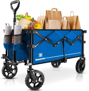 Navatiee 130L Collapsible Folding Wagon, Large Capacity Foldable Wagon with Silent All-Terrain Wheels, Utility Grocery Wagon Cart for Camping Shopping Outdoor, Blue