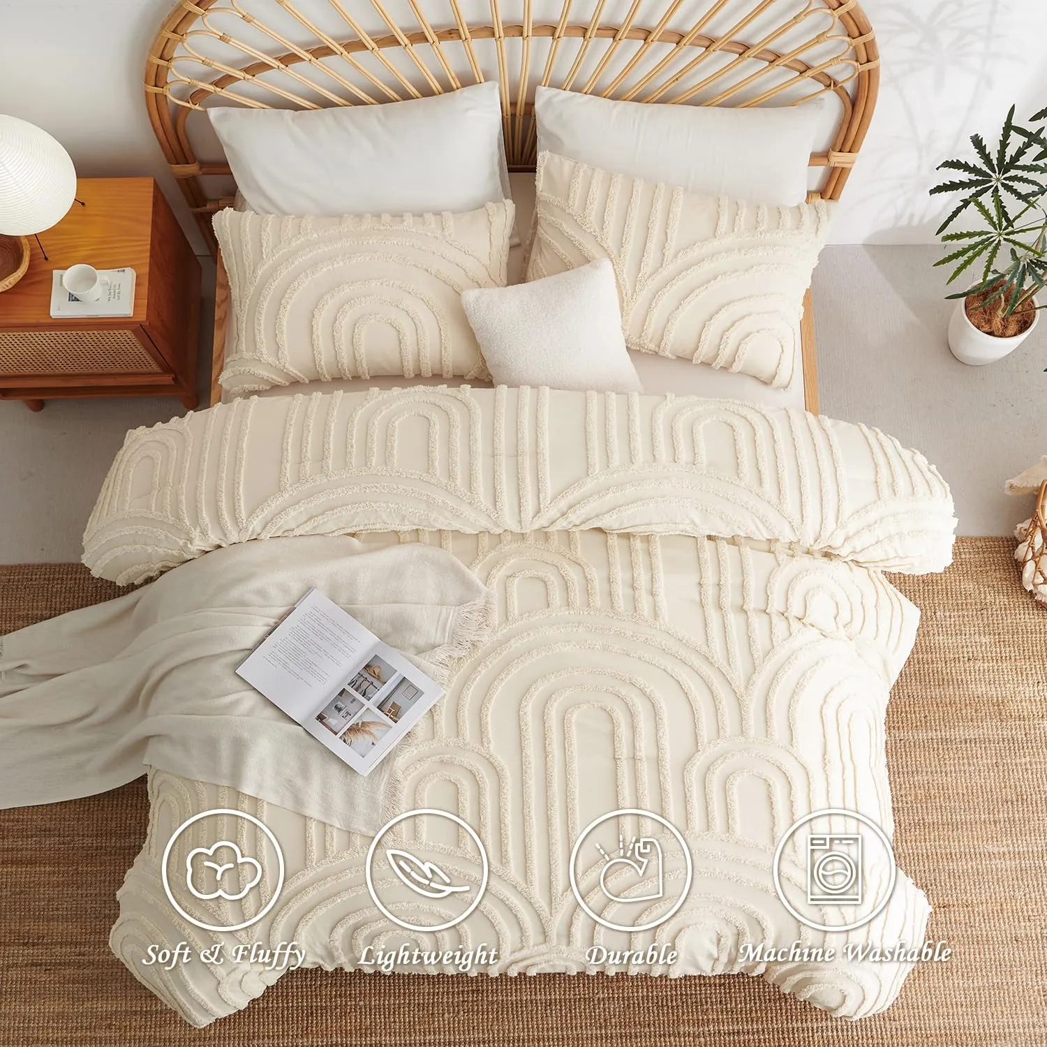 Nayoroom Boho Comforter Set Queen Size Beige Tufted Rainbow Textured Comforter, 3 Pcs Farmhouse Shabby Chic Aesthetic Bedding, Soft Microfiber Bed Set for All Seasons (1 Comforter, 2 Pillow Shams)