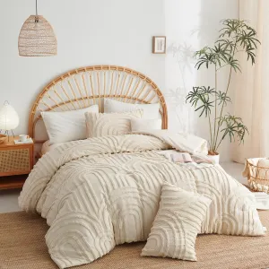 Nayoroom Boho Comforter Set Queen Size Beige Tufted Rainbow Textured Comforter, 3 Pcs Farmhouse Shabby Chic Aesthetic Bedding, Soft Microfiber Bed Set for All Seasons (1 Comforter, 2 Pillow Shams)