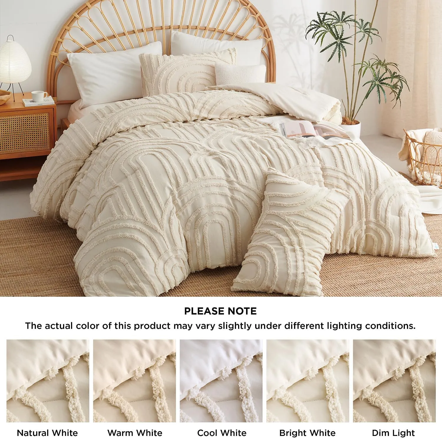 Nayoroom Boho Comforter Set Queen Size Beige Tufted Rainbow Textured Comforter, 3 Pcs Farmhouse Shabby Chic Aesthetic Bedding, Soft Microfiber Bed Set for All Seasons (1 Comforter, 2 Pillow Shams)
