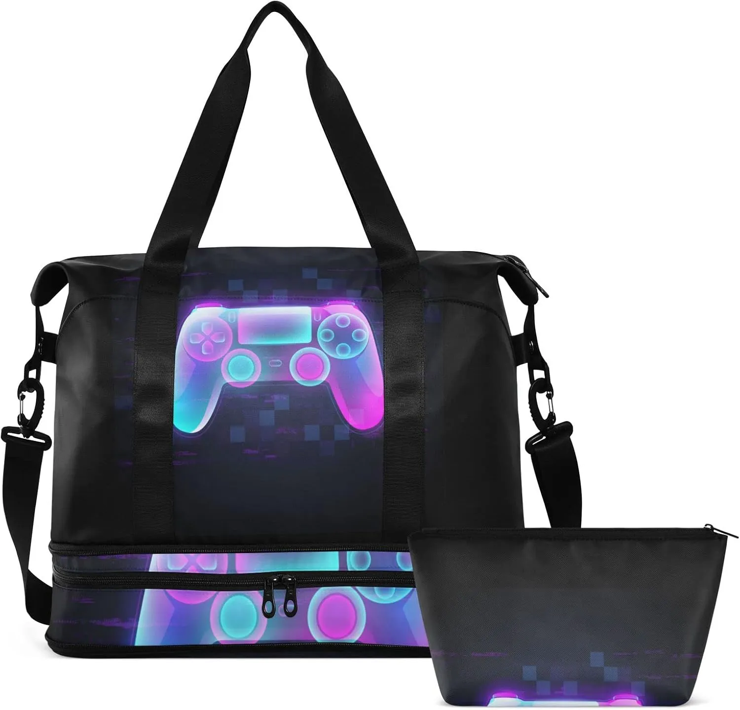Neon Light Gamepad Colorful Turquoise Purple Pink Gradient Gym Duffel Bag, Polyester Travel Weekender Luggage Handbag with Waterproof Pocket for Wet Items, Unisex Foldable Tote for Sports