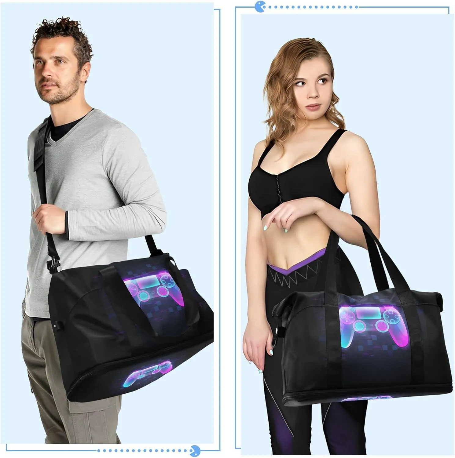 Neon Light Gamepad Colorful Turquoise Purple Pink Gradient Gym Duffel Bag, Polyester Travel Weekender Luggage Handbag with Waterproof Pocket for Wet Items, Unisex Foldable Tote for Sports